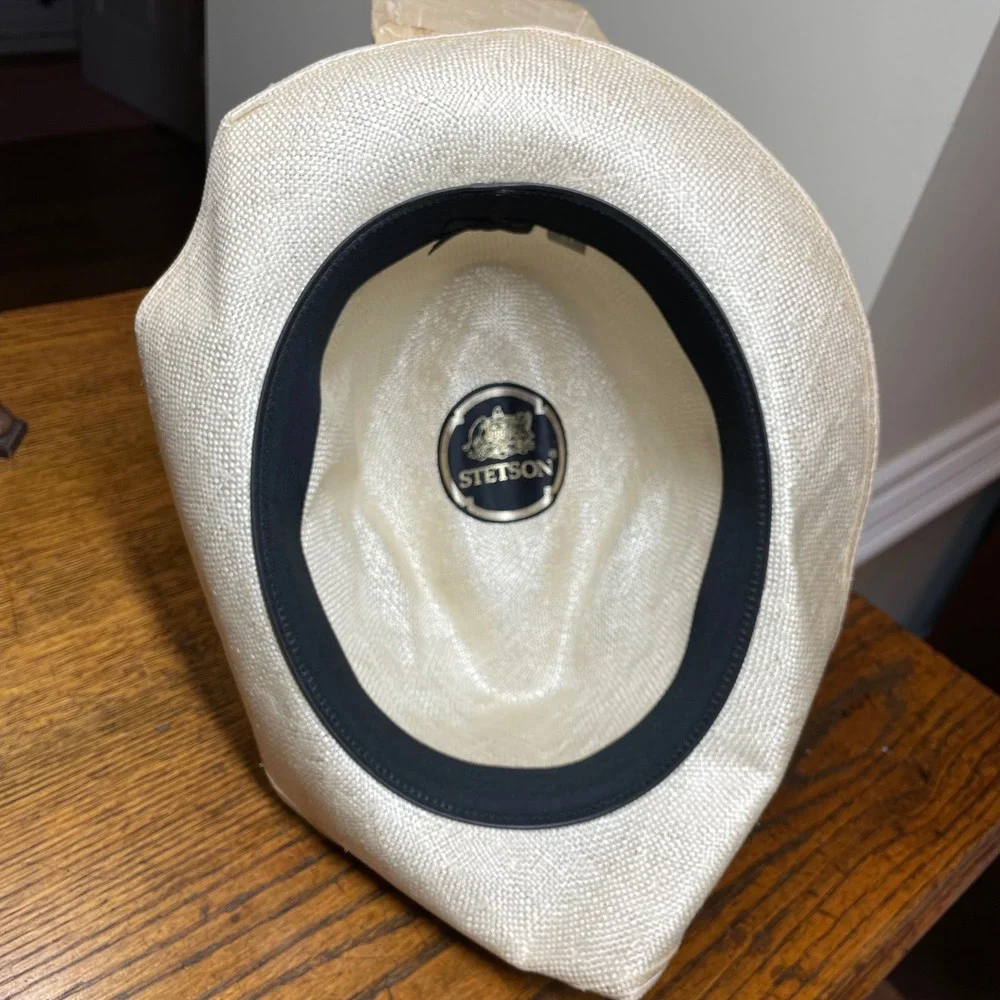 Stetson Straw Fedora Hat Cream Off White Woven Panama Style Size 7 5/8 61cm Luxe - Picture 14 of 15